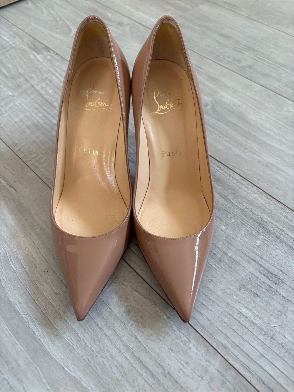 Christian Louboutin Patent Nude-Tan Pointed Toe Pumps 80mm